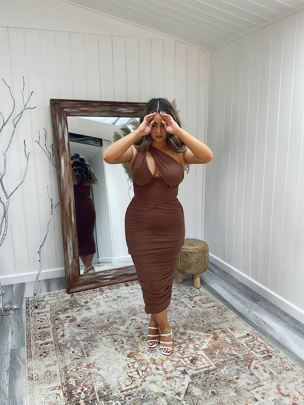 House Of CB Valentina Asymmetric Midi Dress in Brown COLOUR YOU