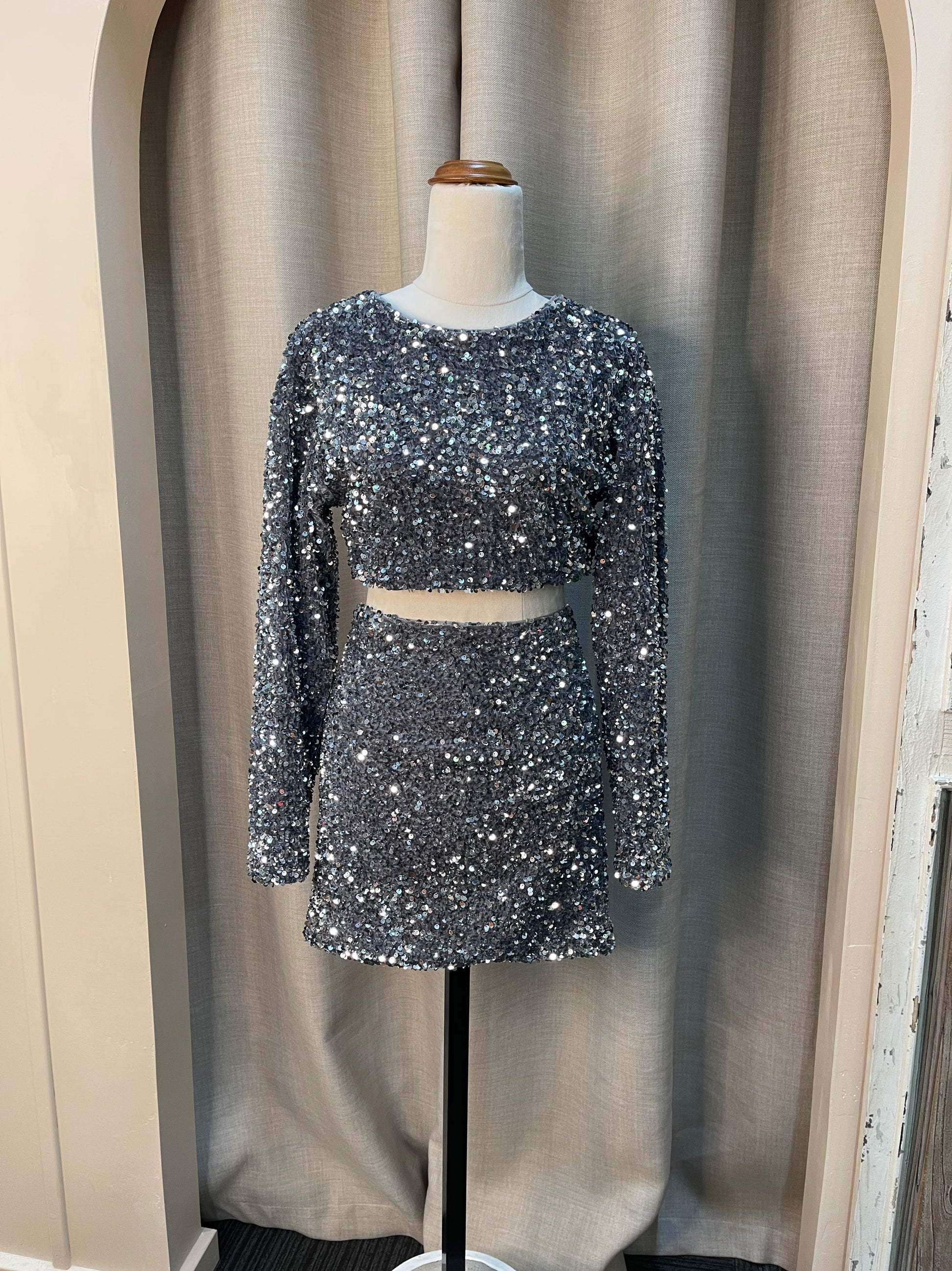 Silver sequin sales two piece outfit