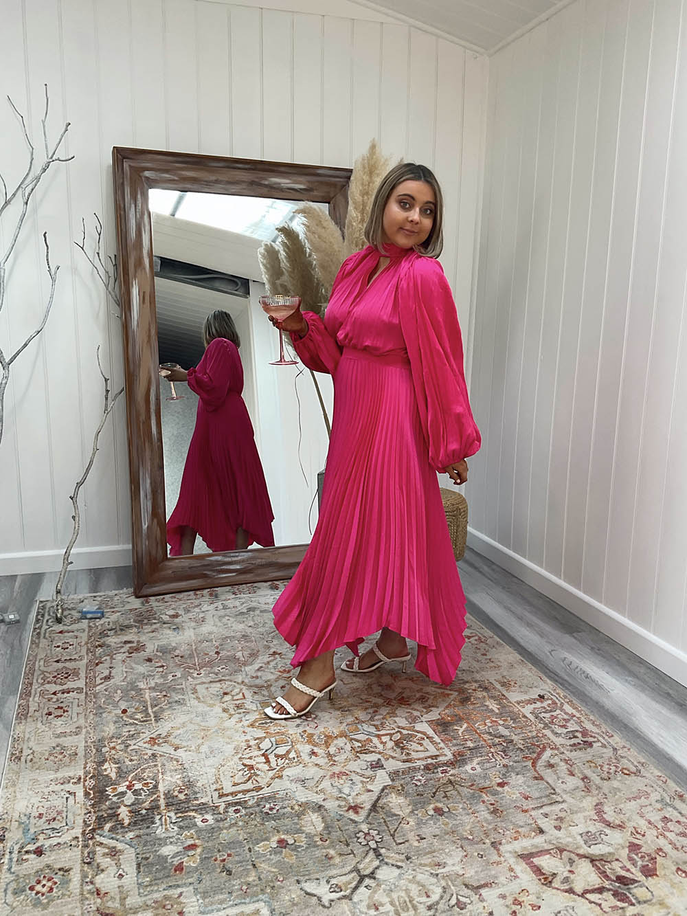 pink metallic plisse eloise midi dress Pink Plisse Belted Midi Dress